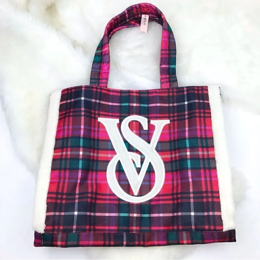 Victoria’s Secret Red Green Plaid Shearling Trim Holiday Winter Travel Tote Bag